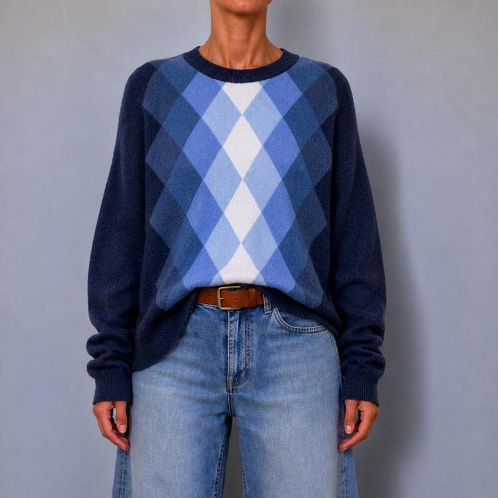 Vintage Cezani Italian 100% Cashmere Slouchy Navy Preppy Argyle Sweater Size L